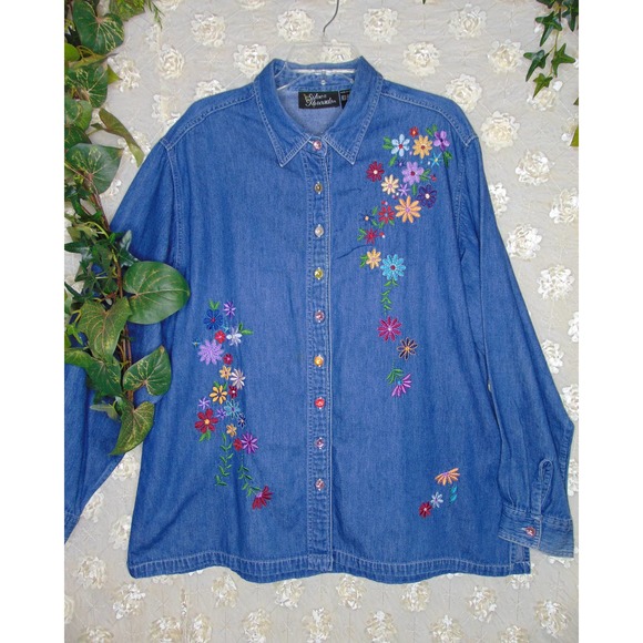 Silver Threads Tops - Silver Threads | Women's Vintage Denim Button Up Embroidery Rainbow Size 1X